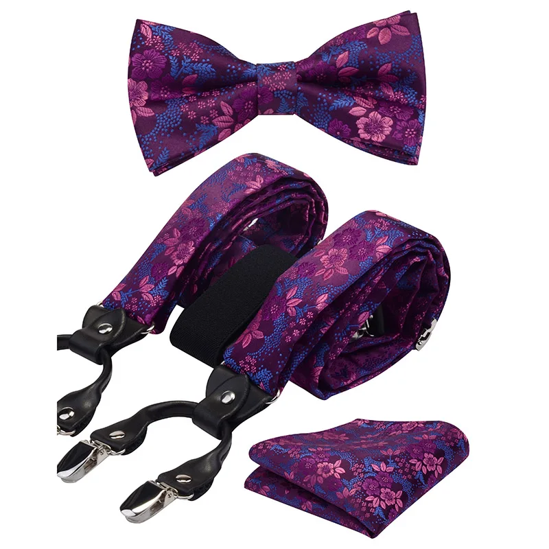 Ricnais 3 шт. Регулируемый эластичный Y Форма 6 зажимов подтяжки галстук-бабочка носовой платок набор мужской деловой Свадебный Пейсли набор - Цвет: Q06
