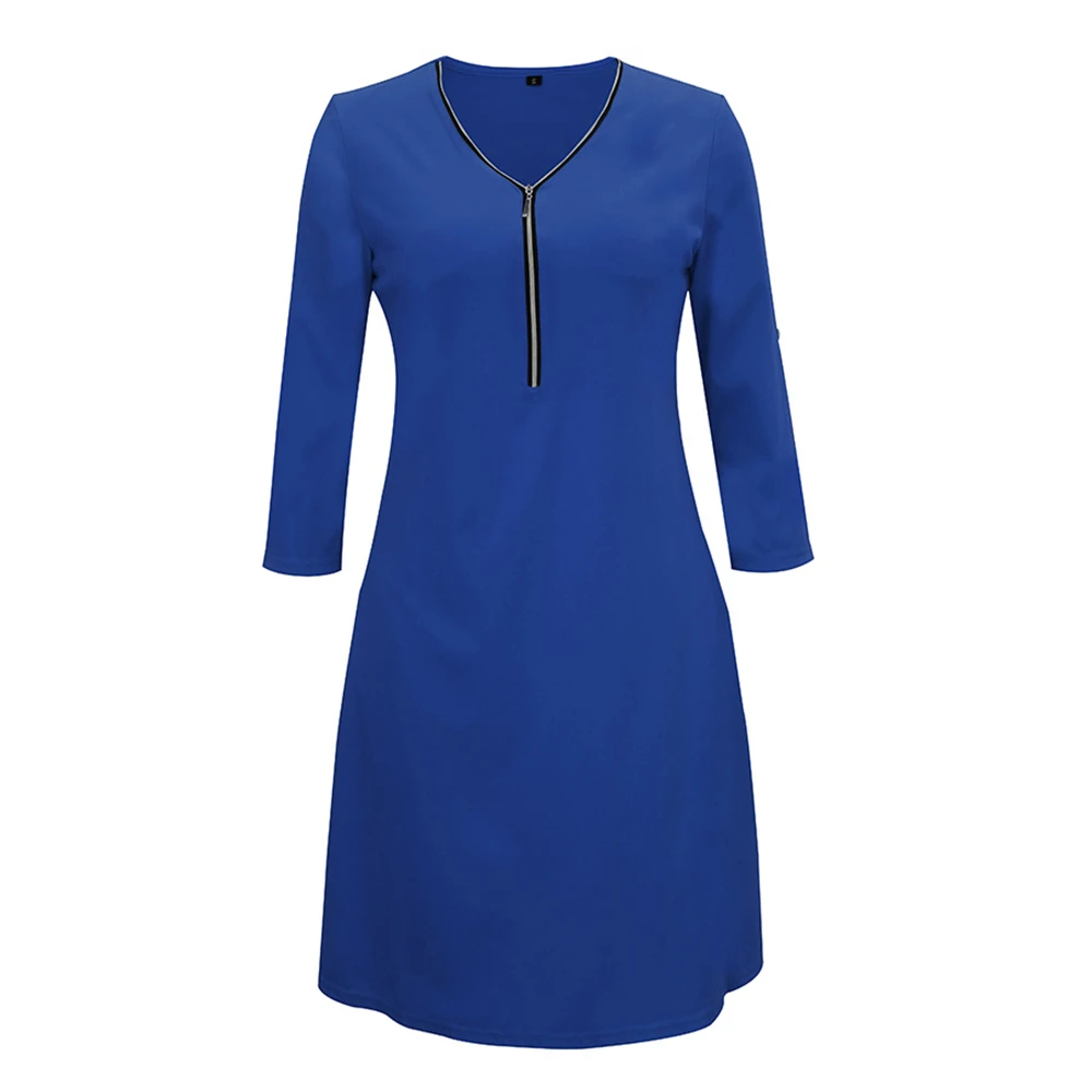 Blue Pdfmily Fashion Women Casual Red Dresses Solid Zipper V-Neck Three Quarter Sleeve A-Line Short Loose Dress With 4 Colors - Цвет: Blue