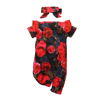 

Toddler Baby Girls Romper Flower One-Piece Stripe Ruffle Floral Bodysuits Jumpsuit +Headband Kid Summer Outfit Set Hot Sell