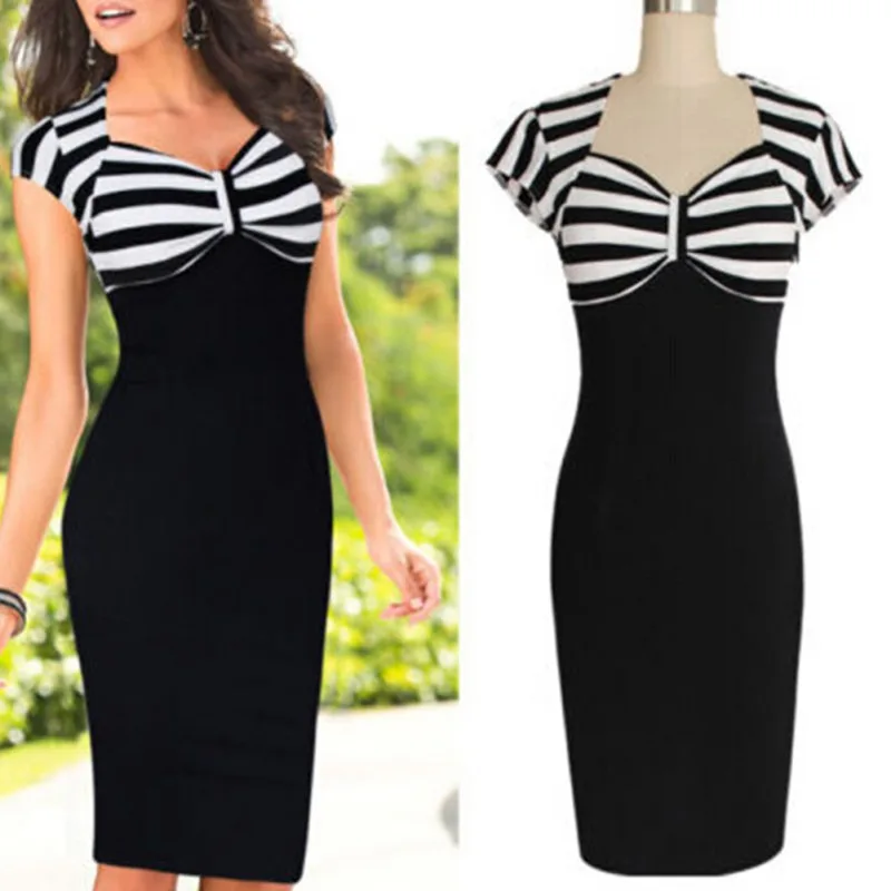 

Summer NEW Women Elegant Striped Wear to Work Office OL Dress Slim Black Bodycon Bandage Midi Pencil Dresses Vestidos 7644