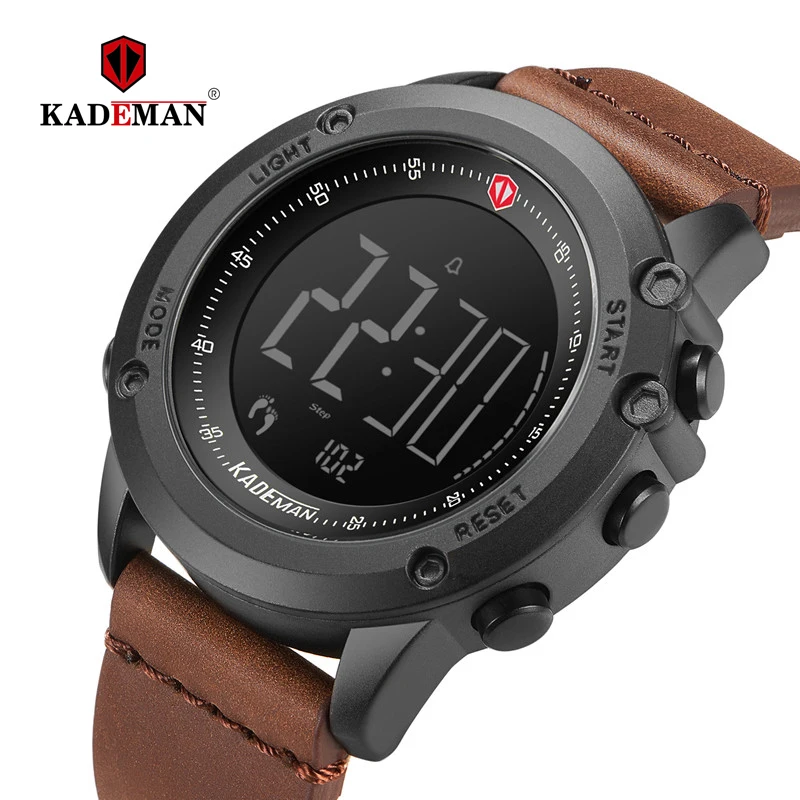 KADEMAN Military Sports Men's Watch Digital Display Waterproof Step Counter Leather Clock Top Luxur