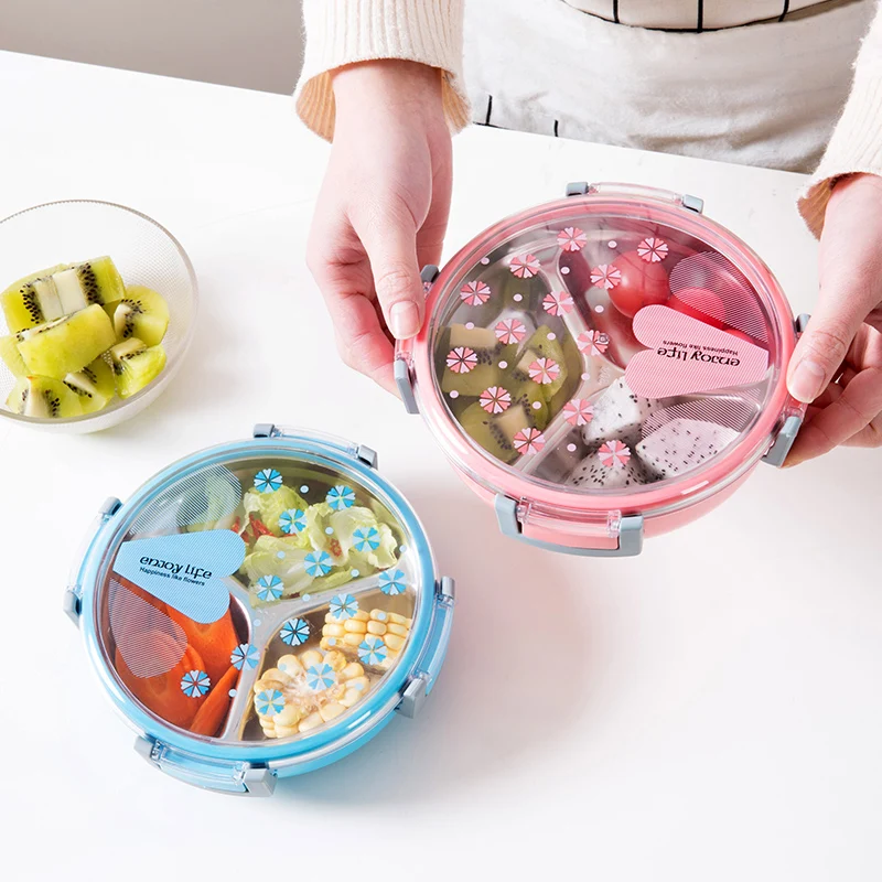 

Healthy Plastic & Stainless Steel Food Container Portable Lunch Box School Picnic Food Fruit 3 Grids Container Storage Box