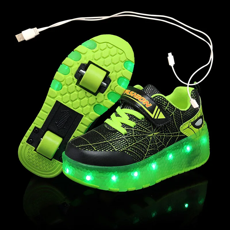 

Two Green LED usb charging roller shoes glowing light up luminous sneakers with wheels kids rollers skate shoes for boy girls