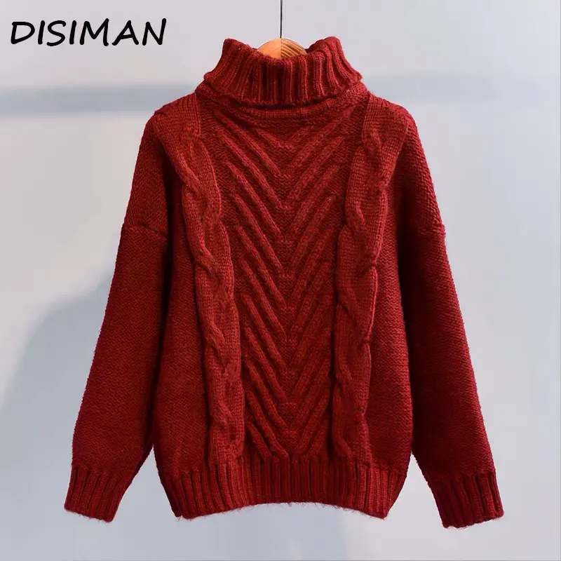 

DISIMAN autumn winter 2019 casual pullover turtleneck vintage knit sweater women long sleeve harajuku red chunky ladies sweaters