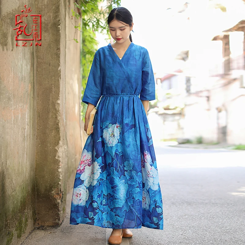 

LZJN 2019 Autumn Elegant Women Print Deep V Neck Loose Belt Waist Nine Points Sleeve Long Vestido Party Ethnic Kaftan Dress Robe
