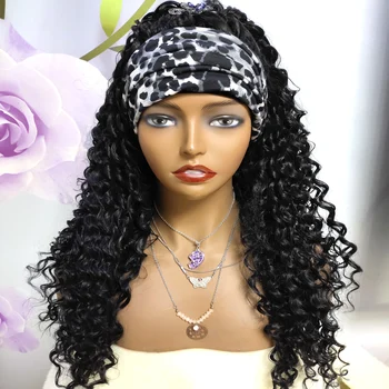 

Kinky Curly Headband Wig Synthetic Hair Glueless Machine Wigs For Women High Heat Fiber Hair Scarf Wig Small Medium Large Cap