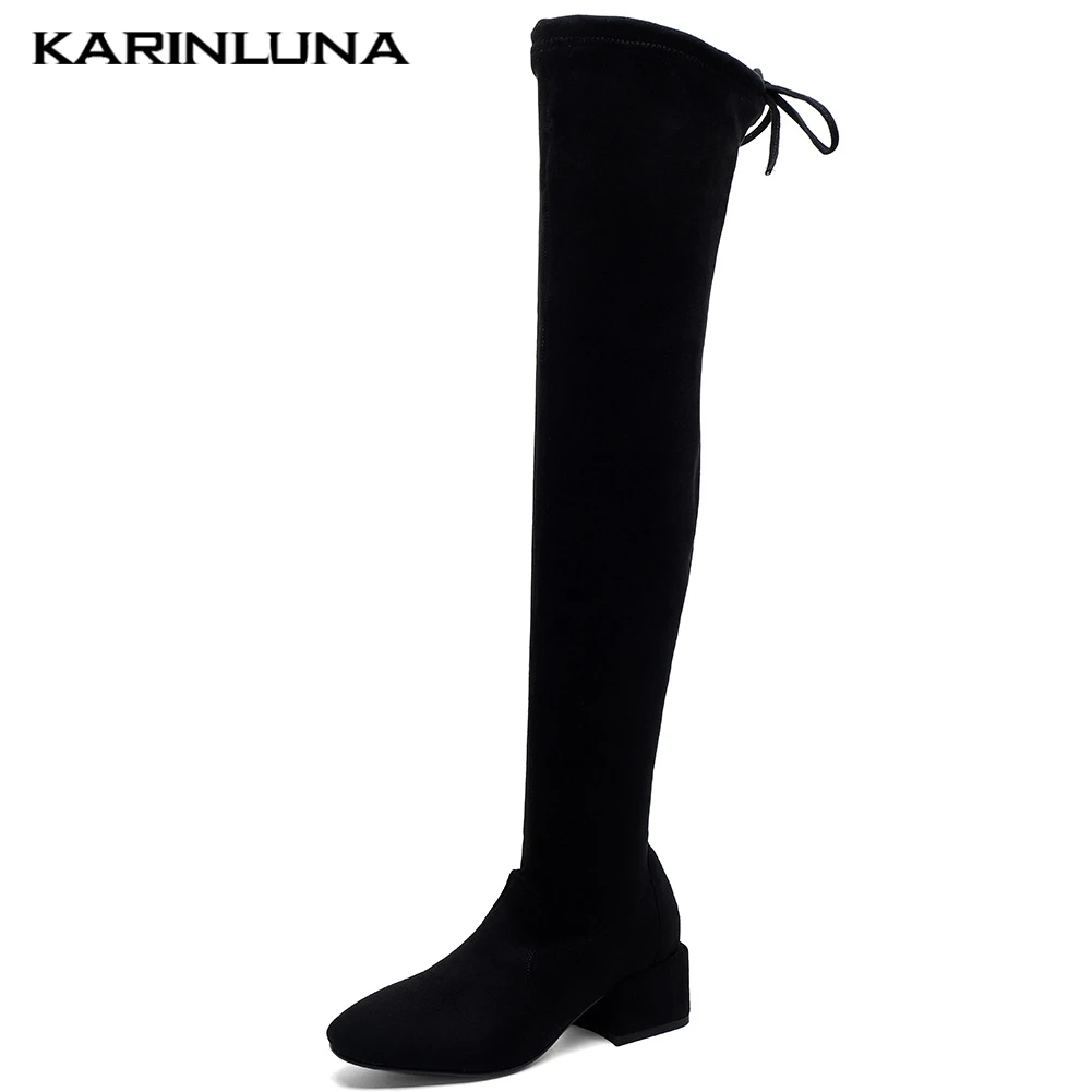 

Karinluna 2020 Fashion big Size 43 Flock Stretch Boots Woman Shoes Women Chunky Heels Slip On Over The Knee Boots Women Shoes