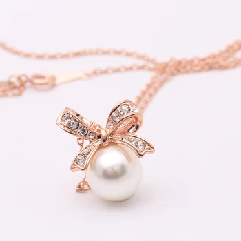 

Cute Bowknot Simulated Pearl Beads Chain Necklaces Pendants Rose Gold Color Fashion Jewelry For Women