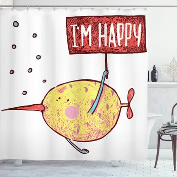 

Cartoon Shower Curtain, Kids Fat Little Fish Character Holds Happy Phrase Flag Humor Animal Design, Cloth Fabric Bathroom Decor