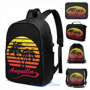 

Funny Graphic print Anguilla 80s Tropical Sunset USB Charge Backpack men School bags Women bag Travel laptop bag
