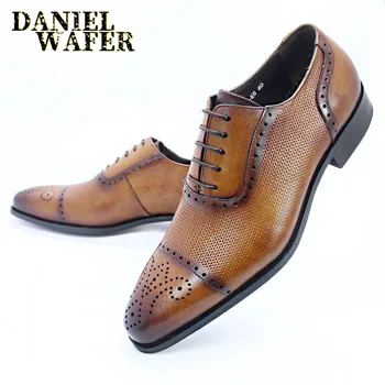 

Luxury Men Oxford Shoes Brown Black wedding Office Dress Shoes Classic Brogue Lace Up Cap Toe Genuine Leather Formal Shoes Men