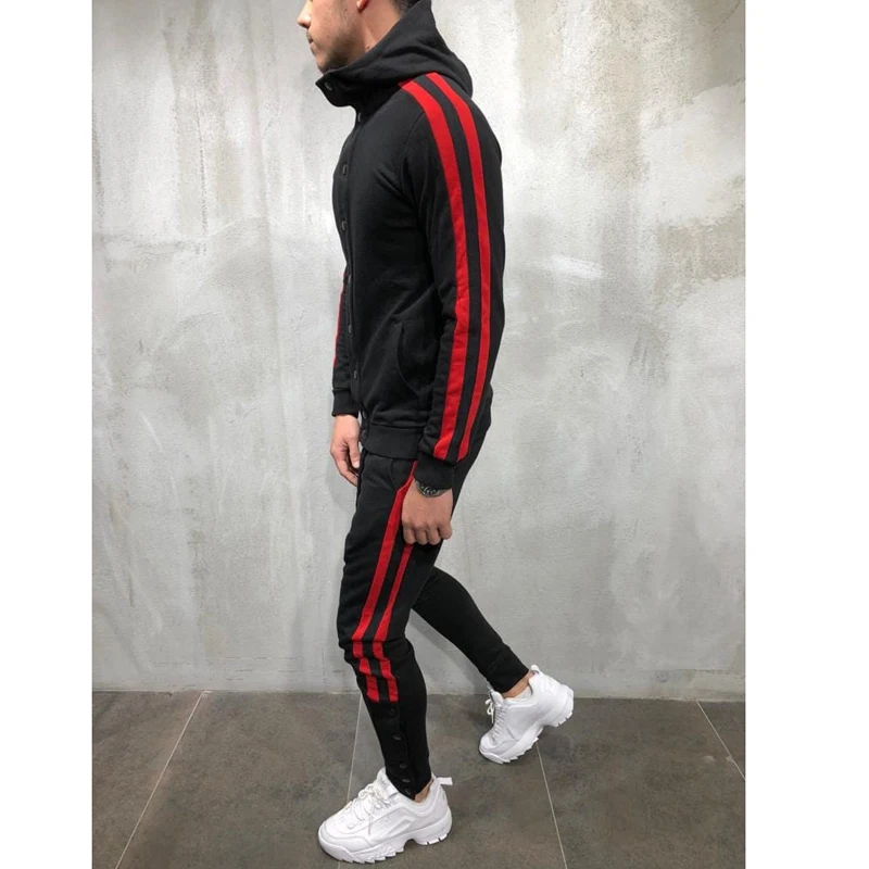 

Fitness Hooded Button Cardigan Men's Hip Hop Color Match Set Running Gym Outdoor Sports Suit