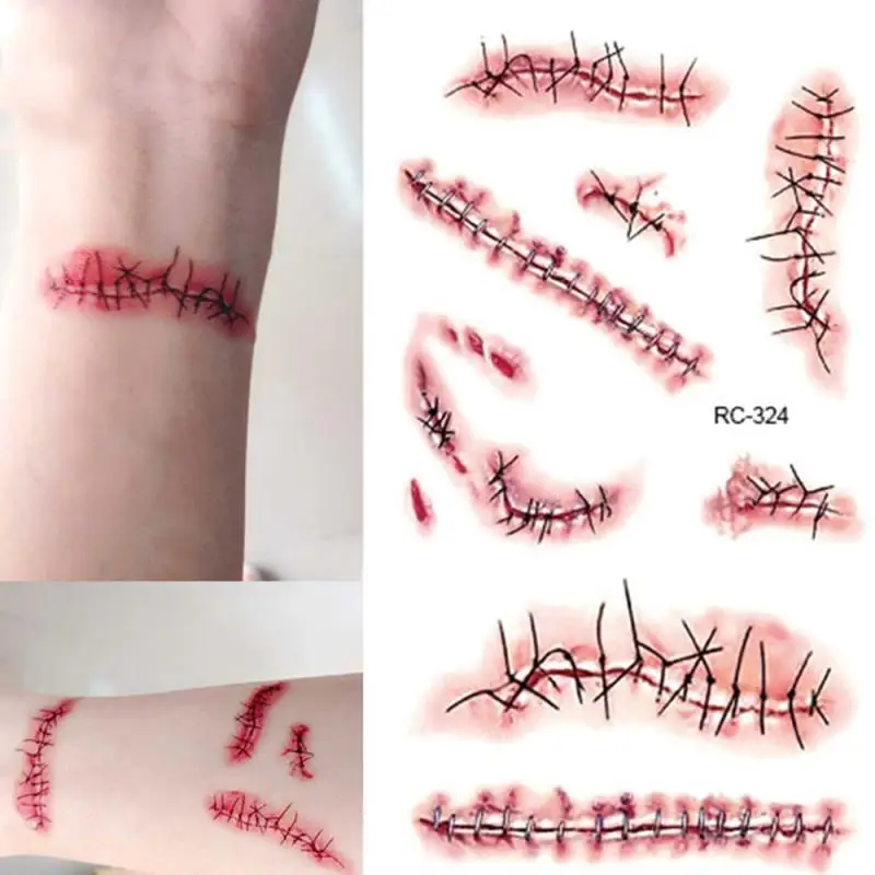 3/1Pcs Halloween Temporary Tattoo Sticker Terror Wound Realistic Blood Injury Scars Makeup Body Art Supplies | Дом и сад