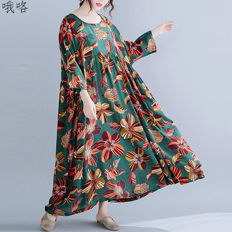 

Plus Size Ethnic Style Flower Print For Women Dress Summer Cotton Batwing Loose Casual Dress Female Oversized 4XL 5XL 6XL Dress