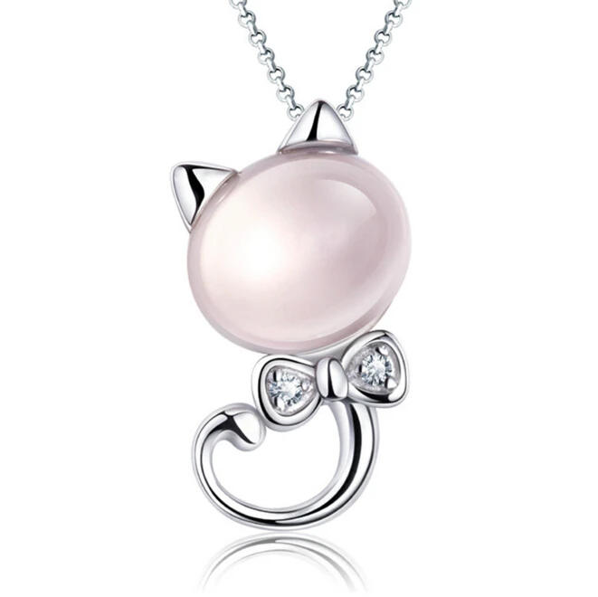 

Korean Cute Woman's Necklace 925 Sterling Silver Pink Moon Light Stone Cat Pendant Neckace For Women Girls Female