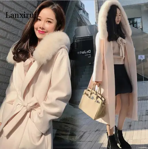 Cabolsa de lã Moda com Gola de Pele com Capuz Preto Inverno Feminino Jaqueta Nova Outerwear Mid Long Fino Combina Cabolsas 8 nova moda com gola de pele com