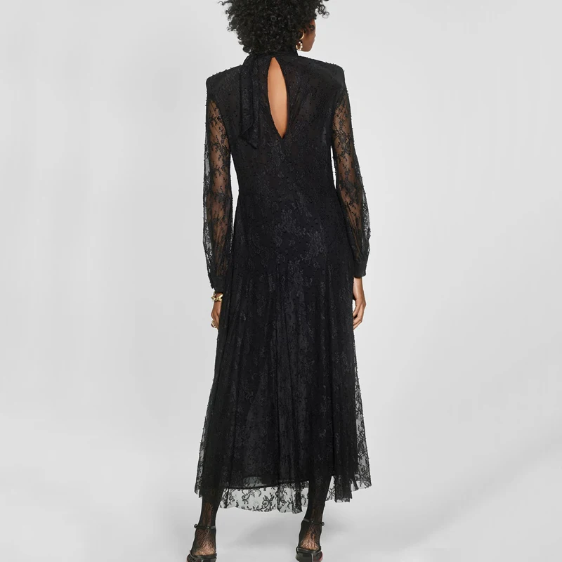 ZOEPO, свободные кружевные платья с бантом, женские модные черные платья со стоячим воротником, женские элегантные платья длиной до лодыжки, женские платья JV