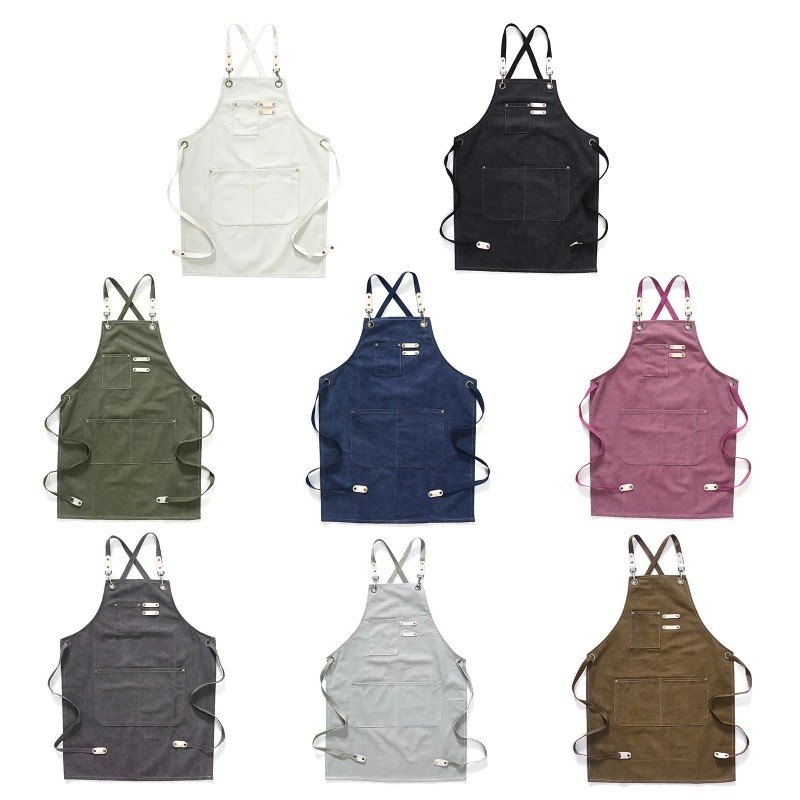 

Chef Apron Cotton Canvas Cross Back Adjustable Apron with Pockets for Women and