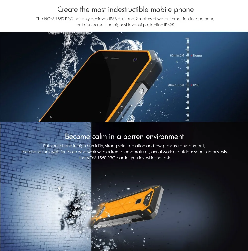 IP68 Waterproof NOMU S50 PRO 4G Smartphone 5.72'' Android 8.1 MTK6763 Octa-core 1.5GHz 4GB 64GB 16.