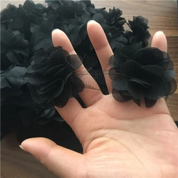 Elegant 24Pc 3D Chiffon Lace Floral Applique Trim for Bridal and Fashion Accessories (Black)