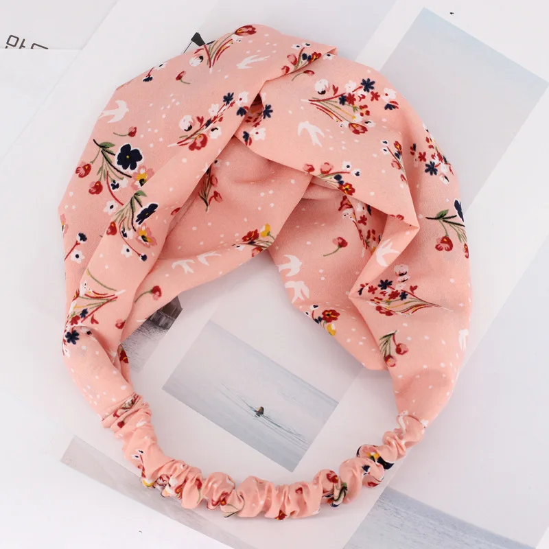 

Korean-style Summer Pink Bud Swallow Printing Large Rims Hair Bands Cross Hair Band Versatile Retro Elastic Hair Band B637