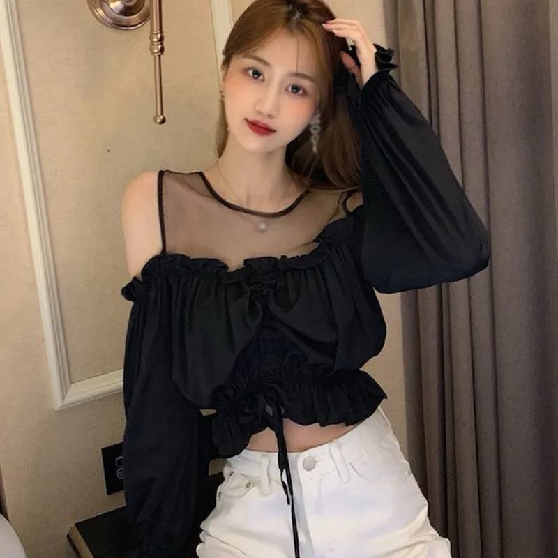 Mesh Splicing Chiffon Blouse Women Korean Fashion Long Sleeve Blouses Sexy Navel Exposed Short Shirt Tops