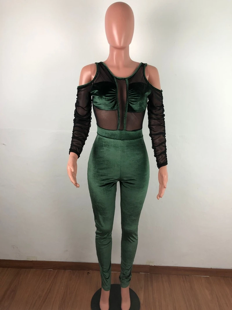 dark green HAOYUAN, сетчатые комбинезоны с прошивкой, комбинезон, модный велюровый цельный комбинезон, Осенние Рейв, сексуальные, с открытой спиной, бархатные женские комбинезоны - Цвет: dark green