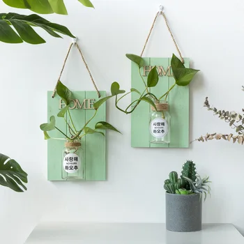 

3 in 1 Plank/Glass Vase/Hemp Rope Plant Wall Hanging Wooden Decorative Panel Wooden Board Flower Arrangement Home Decoration