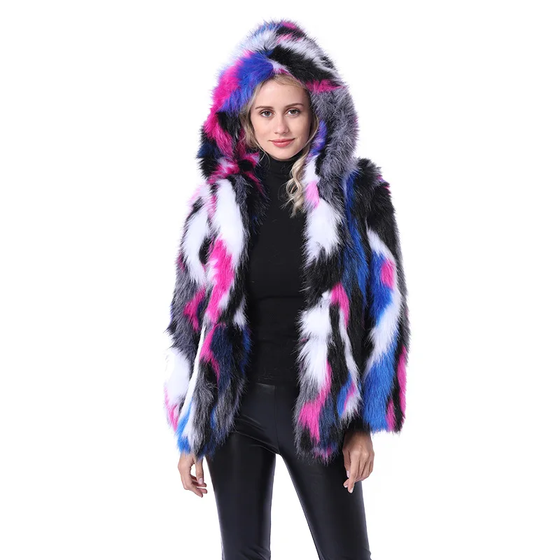 ZADORIN/разноцветное меховое пальто с капюшоном для женщин, большие размеры, зимнее теплое короткое пальто из искусственного лисьего меха, винтажная уличная одежда с длинным рукавом, женские пальто