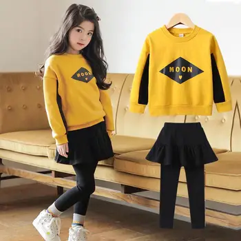 

Girls Clothes Set for Teenage Yellow Pullover Sweatshirt + Black Skirt Pants Two Piece Winter Clothing Set for School Girl 2019