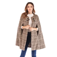 Женское пальто с рукавом летучая мышь, клетчатое твидовое кожаное пальто с пряжкой, шерстяное пальто для осени и зимы, Женское шерстяное пальто