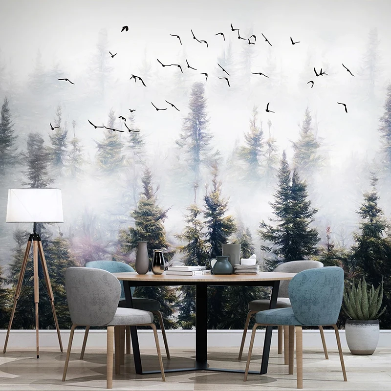 

Drop Shipping Custom Photo Hand Painted Forest Clouds Flying Birds Oil Painting Bedroom Study Sofa Background Mural Wall Paper