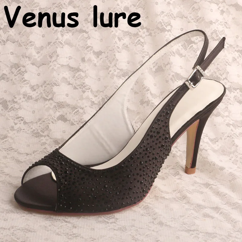 

Crystal High Heels Sandals Stiletto Slip on Sandals for women Black Satin