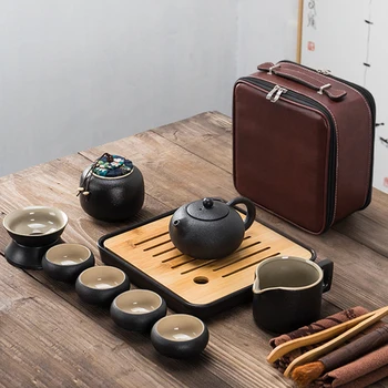 

Japanese black pottery kungfu tea set portable suit Travel Tea Set 13 Piece Set One pot of four cups of fast passenger cup