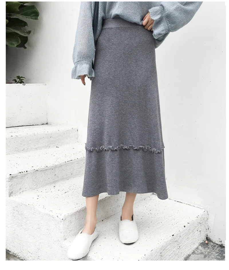 Женская трикотажная юбка с высокой талией, осень и зима, новая длинная юбка с деревянными ушками, кашемировая юбка с кроличьими ушками