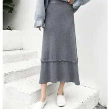 Женская трикотажная юбка с высокой талией, осень и зима, новая длинная юбка с деревянными ушками, кашемировая юбка с кроличьими ушками