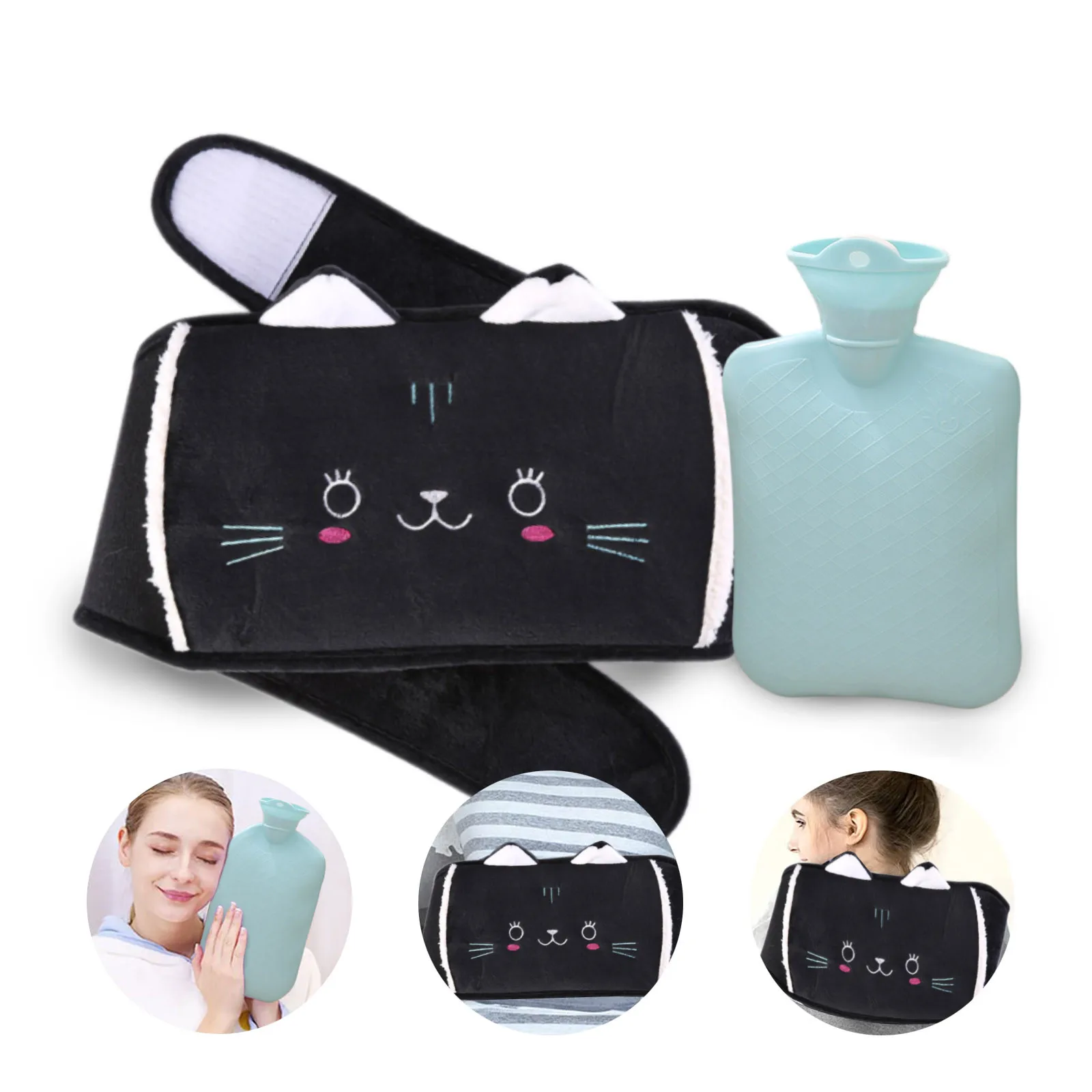CuteCatHotWaterBottleBagBeltSetWinterWarmPlushWaistCover