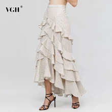 VGH Wave Point Ruffle Skirts For Women High Waist Ankle Length Pleated Irregular Skirt Female Autumn Fashion New Clothing