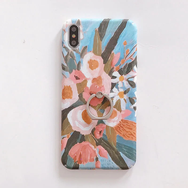

Vintage Flowers Phone Case For iPhone X XR Case For iPhone 6S 6 7 8P Floral Cases Hard shell With the ring