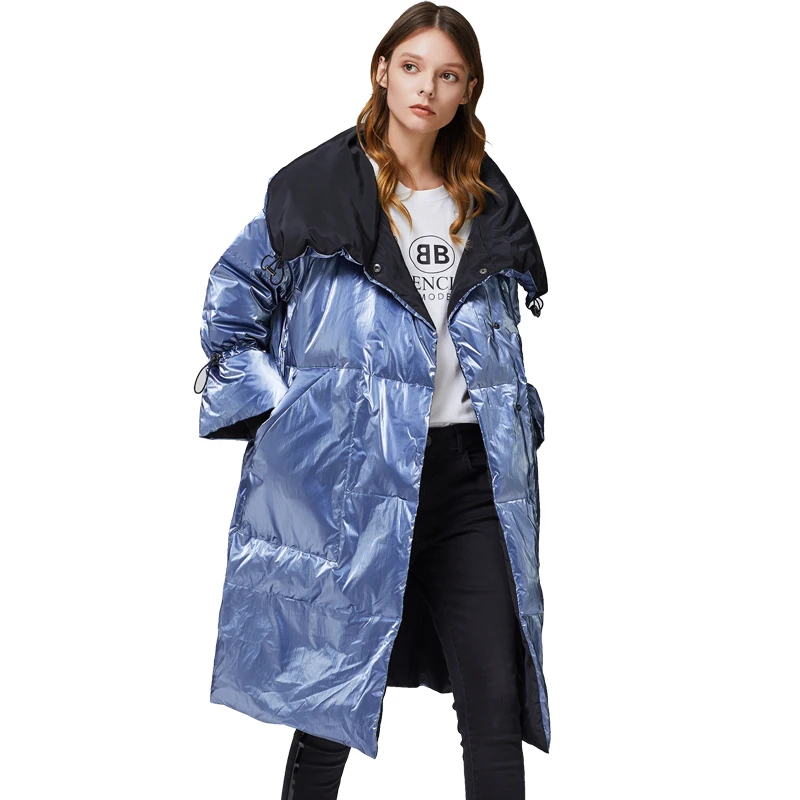 

New Fashion Women's 90%White Duck Down Jacket Zippers glossy Wide-Waisted Silver High Quality Metallic Fashionable warm coat