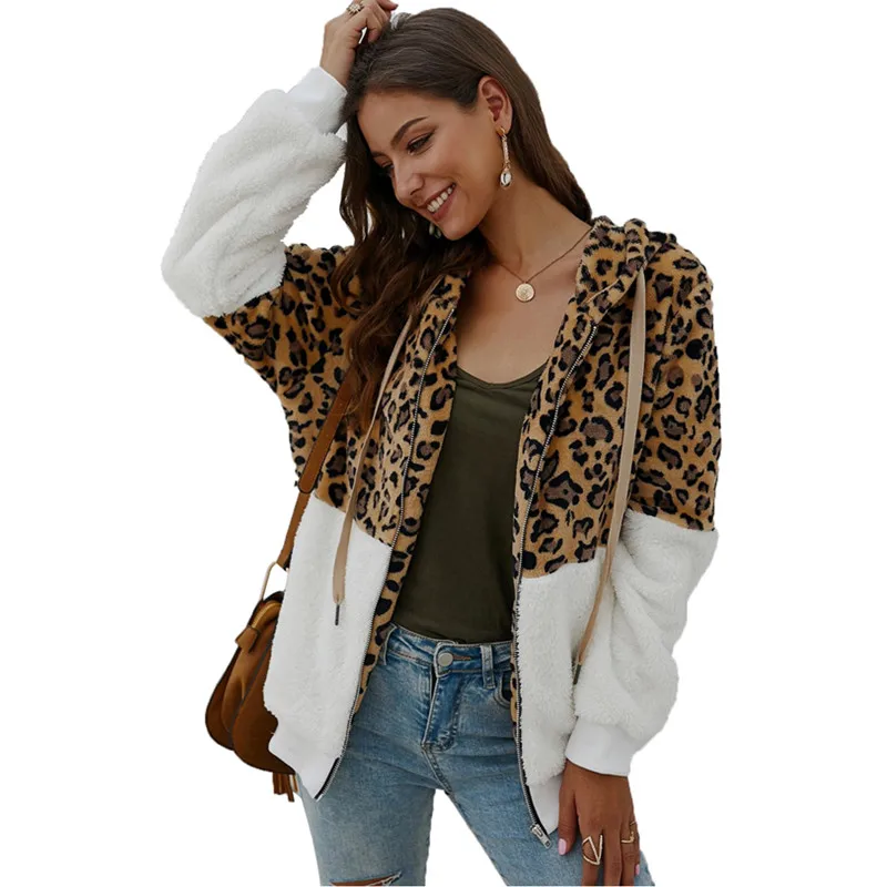 

Goocheer Winter New Fashion Leopard Fleece Sweater Patchwork Fluffy Thick Sweaters Warm Zipper Pullovers Women Hooded Sweatshirt