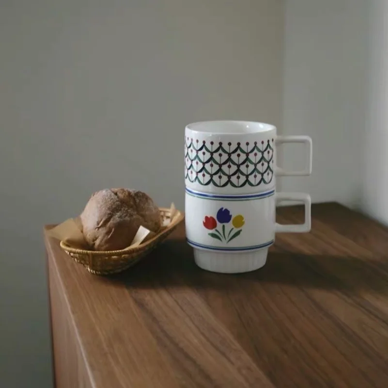 

Dubbelwandige Koffie Ceramic Mug Juice Mugs Breakfast Oatmeal Milk Drink Coffee Cup Stackable Hand-painted Retro French Tulip