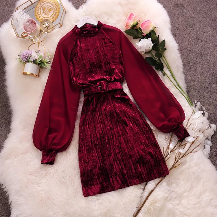HISUMA, весна-осень, новое женское бархатное платье феи с круглым вырезом и рукавом-фонариком, женское элегантное платье-футляр с поясом - Color: Burgundy