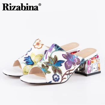 

Rizabina Summer Women Sandals Designer Crystals Square Heels Slippers Fashion Peep Toe Shoes Women Genuine Leather Size 33-43