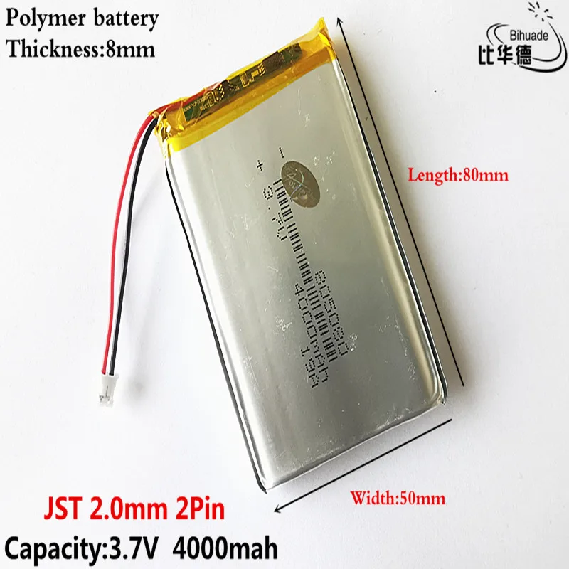 Lithium Ion Battery JST 2.0mm 2Pin 3.7V 4000mAh 805080 Lithium Polymer LiPo Rechargeable Battery cells For Power bank