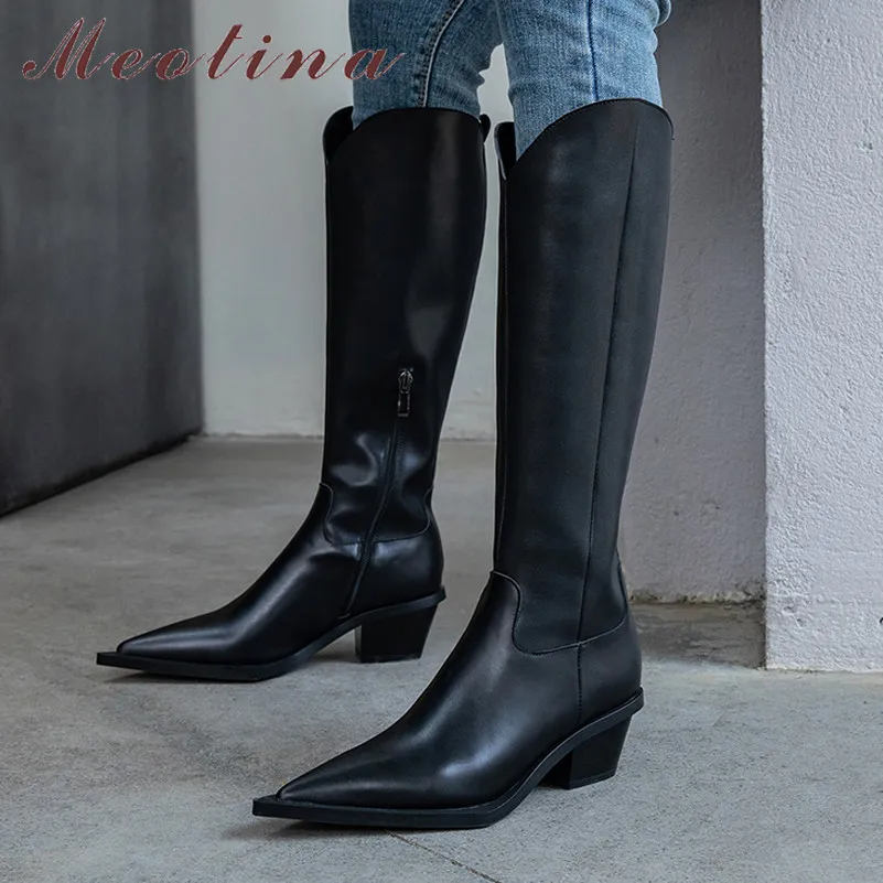 

Meotina Winter Knee High Boots Women Natural Genuine Leather Thick High Heel Western Boots Zip Pointed Toe Shoes Lady Autumn 39