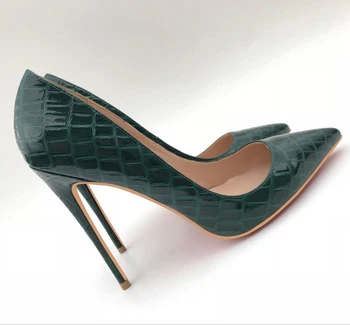 

2020 new dark green crocodile pattern high heels pointed toe stiletto 10cm feminine single shoes large size 40-43