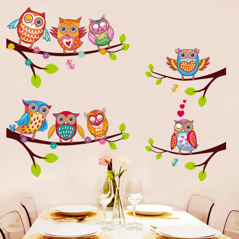 Красочные Совы мультфильм наклейки на стену совы на дереве детская комната Домашний декор настенные Переводные рисунки наклейки на стену для детской комнаты съемные
