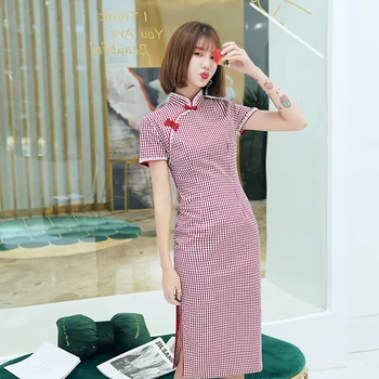 

Chinese Style Women Cheongsam Summer Cotton Linen Daily Dress Plaid Vintage Handmade Button Stage Show Qipao Plus Size S-3XL