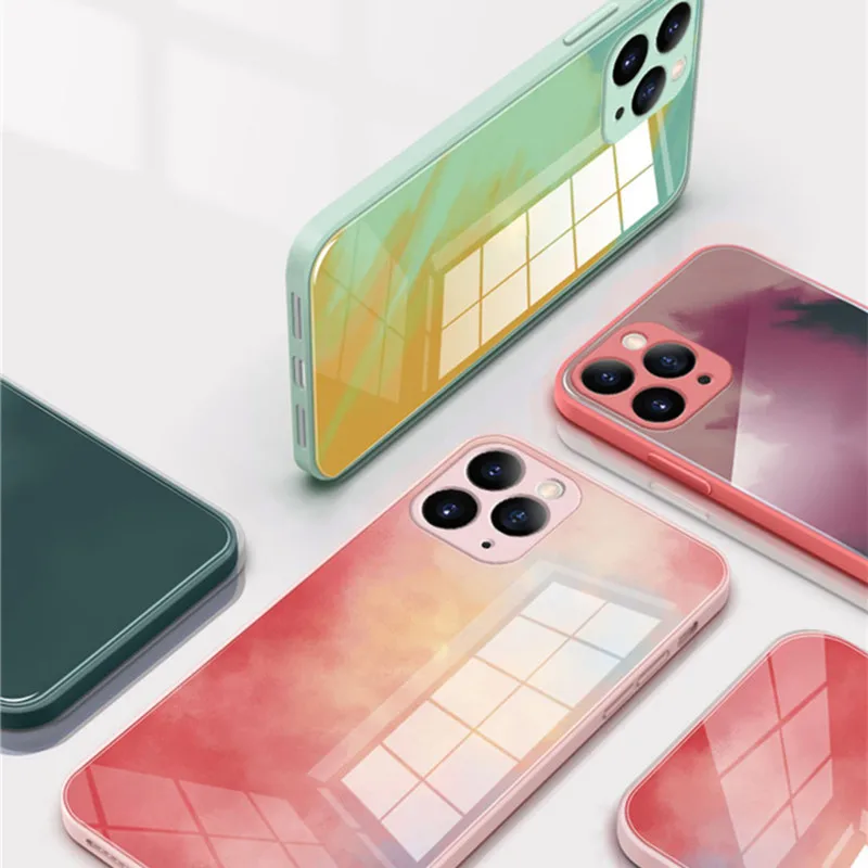 Colorful Watercolor Liquid Square Tempered Glass Phone Case For iPhone Apple 13 12 Pro Max New Luxury Brand Back Cover With Logo iphone 12 mini cover
